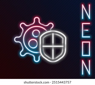 Brilhante neon linha Escudo protegendo de vírus, germes e bactérias ícone isolado no fundo preto. Conceito de sistema imunitário. Corona virus 2019-nCoV. Conceito de contorno colorido. Ilustração de vetor