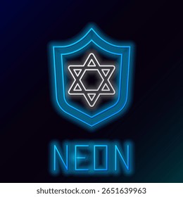 Brilhante linha de neon Escudo com Estrela de David ícone isolado no fundo preto. Símbolo da religião judaica. Símbolo de Israel. Conceito de contorno colorido. Vetor