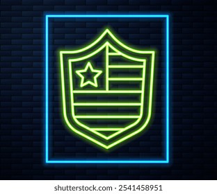 Glowing neon line Shield with stars and stripes icon isolated on brick wall background. United States of America country flag. 4th of July. USA Independence day.  Vector