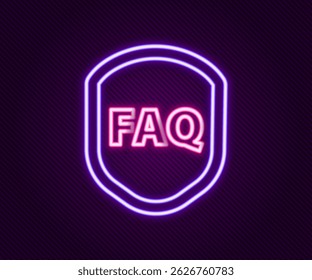 Escudo de línea de neón brillante con texto Icono de información de preguntas frecuentes aislado sobre fondo negro. Signo de guardia. Seguridad, seguridad, protección, concepto de privacidad. Concepto de contorno colorido. Vector