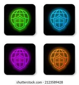 Glowing neon line Shield with world globe icon isolated on white background. Insurance concept. Security, safety, protection, privacy concept. Black square button. Vector