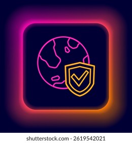 Glowing neon line Shield with world globe icon isolated on black background. Insurance concept. Security, safety, protection, privacy concept. Colorful outline concept. Vector