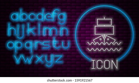 Glowing neon line Ship icon isolated on brick wall background. Neon light alphabet. Vector Illustration