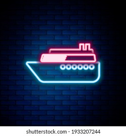 Glowing neon line Ship icon isolated on brick wall background. Colorful outline concept. Vector
