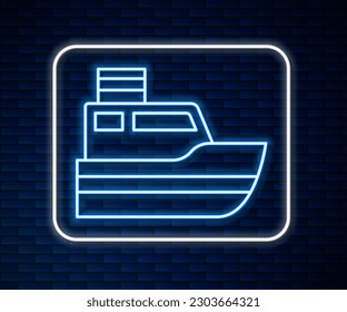 Glowing neon line Ship line path of ship sea route with start point GPS and black line icon isolated on brick wall background.  Vector