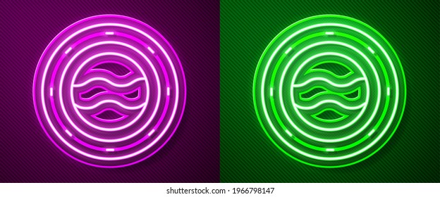 Glowing neon line Ship porthole with rivets and seascape outside icon isolated on purple and green background.  Vector