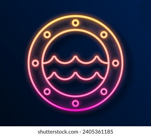 Línea de neón brillante Buque el ojo de buey con remaches y el icono exterior de la capa marina aislado en el fondo negro.  Vector