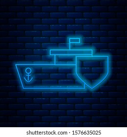 Glowing neon line Ship with shield icon isolated on brick wall background. Insurance concept. Security, safety, protection, protect concept.  Vector Illustration