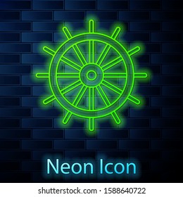 Glowing neon line Ship steering wheel icon isolated on brick wall background.  Vector Illustration