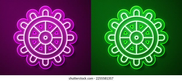 Glowing neon line Ship steering wheel icon isolated on purple and green background.  Vector
