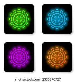 Glowing neon line Ship steering wheel icon isolated on white background. Black square button. Vector