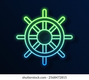 Glowing neon line Ship steering wheel icon isolated on blue background.  Vector