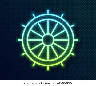 Glowing neon line Ship steering wheel icon isolated on black background.  Vector