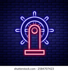 Glowing neon line Ship steering wheel icon isolated on brick wall background. Colorful outline concept. Vector