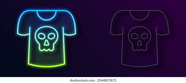 Glowing neon line Shirt with skull icon isolated on black background. Happy Halloween party.  Vector