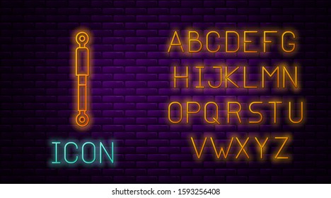 Glowing neon line Shock absorber icon isolated on brick wall background. Neon light alphabet. Vector Illustration