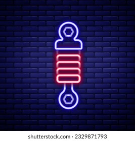 Glowing neon line Shock absorber icon isolated on brick wall background. Colorful outline concept. Vector