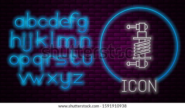 Glowing neon\
line Shock absorber icon isolated on brick wall background. Neon\
light alphabet. Vector\
Illustration