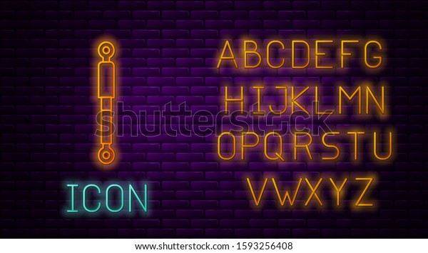 Glowing neon\
line Shock absorber icon isolated on brick wall background. Neon\
light alphabet. Vector\
Illustration