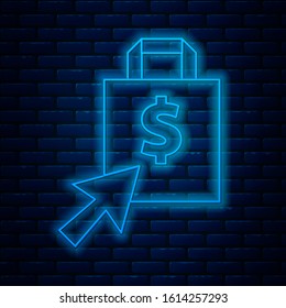 Glowing neon line Shoping bag and dollar icon isolated on brick wall background. Handbag sign. Woman bag icon. Female handbag sign.  Vector Illustration