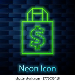 Glowing neon line Shoping bag and dollar symbol icon isolated on brick wall background. Handbag sign. Woman bag icon. Female handbag sign. Vector Illustration