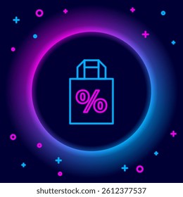Glowing neon line Shoping bag with an inscription percent discount icon isolated on black background. Handbag sign. Colorful outline concept. Vector