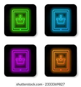 Glowing neon line Shopping basket on screen tablet icon isolated on white background. Concept e-commerce, e-business, online business marketing. Black square button. Vector Illustration