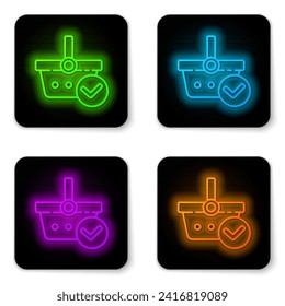 Glowing neon line Shopping basket with check mark icon isolated on white background. Supermarket basket with approved, confirm, tick, completed. Black square button. Vector Illustration