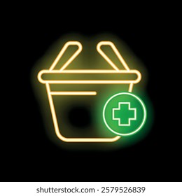 Glowing neon line shopping basket icon isolated on black background, online pharmacy concept