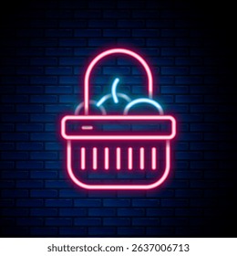 Glowing neon line Shopping basket and food icon isolated on brick wall background. Food store, supermarket. Colorful outline concept. Vector