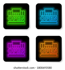 Glowing neon line Shopping building or market store and text open icon isolated on white background. Shop construction. Black square button. Vector Illustration