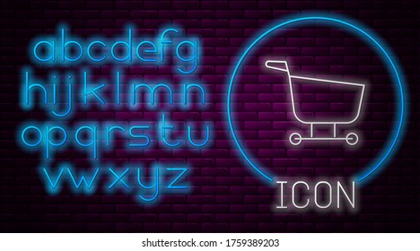 Glowing neon line Shopping cart icon isolated on brick wall background. Food store, supermarket. Neon light alphabet. Vector Illustration