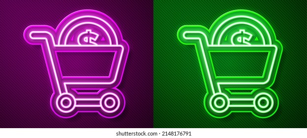 Glowing neon line Shopping cart and dollar symbol icon isolated on purple and green background. Online buying concept. Delivery service. Supermarket basket.  Vector