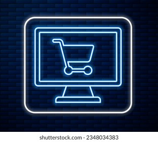 Línea de neón brillante Carro de compras en el icono de la pantalla del ordenador aislado en el fondo de la pared de ladrillo. Concepto de comercio electrónico, comercio electrónico, marketing de negocios en línea.  Ilustración vectorial