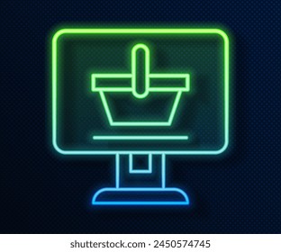 Glowing neon line Shopping cart on screen computer icon isolated on blue background. Concept e-commerce, e-business, online business marketing.  Vector