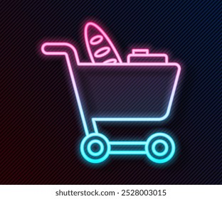 Linha de neon brilhante Carrinho de compras e ícone de comida isolado no fundo preto. Loja de comida, supermercado.  Ilustração de vetor