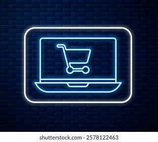 Glowing neon line Shopping cart on screen laptop icon isolated on brick wall background. Concept e-commerce, e-business, online business marketing.  Vector Illustration