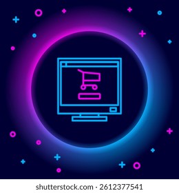 Glowing neon line Shopping cart on screen computer icon isolated on black background. Concept e-commerce, e-business, online business marketing. Colorful outline concept. Vector