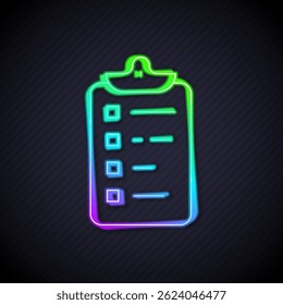 Glowing neon line Shopping list icon isolated on black background.  Vector