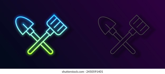 Glowing neon line Shovel and rake icon isolated on black background. Tool for horticulture, agriculture, gardening, farming. Ground cultivator.  Vector