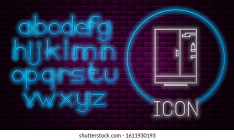 Glowing neon line Shower cabin icon isolated on brick wall background. Neon light alphabet. Vector Illustration