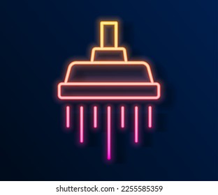 Glowing neon line Shower head with water drops flowing icon isolated on black background.  Vector