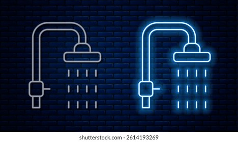 Glowing neon line Shower head with water drops flowing icon isolated on brick wall background.  Vector