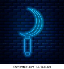 Glowing neon line Sickle icon isolated on brick wall background. Reaping hook sign.  Vector Illustration