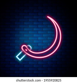 Glowing neon line Sickle icon isolated on brick wall background. Reaping hook sign. Colorful outline concept. Vector