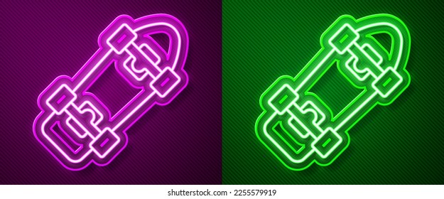 Glowing neon line Skateboard icon isolated on purple and green background. Extreme sport. Sport equipment.  Vector