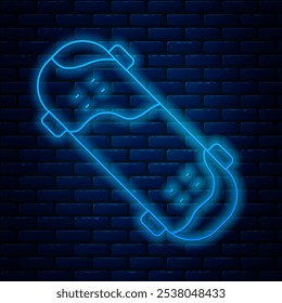 Glowing neon line Skateboard trick icon isolated on brick wall background. Extreme sport. Sport equipment.  Vector