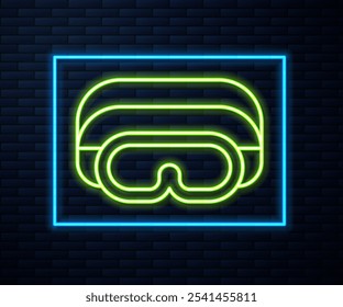 Glowing neon line Ski goggles icon isolated on brick wall background. Extreme sport. Sport equipment.  Vector