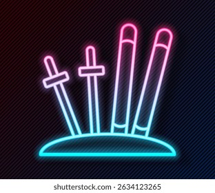 Glowing neon line Ski and sticks icon isolated on black background. Extreme sport. Skiing equipment. Winter sports icon.  Vector