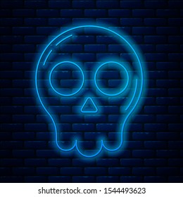 Glowing neon line Skull icon isolated on brick wall background. Happy Halloween party.  Vector Illustration